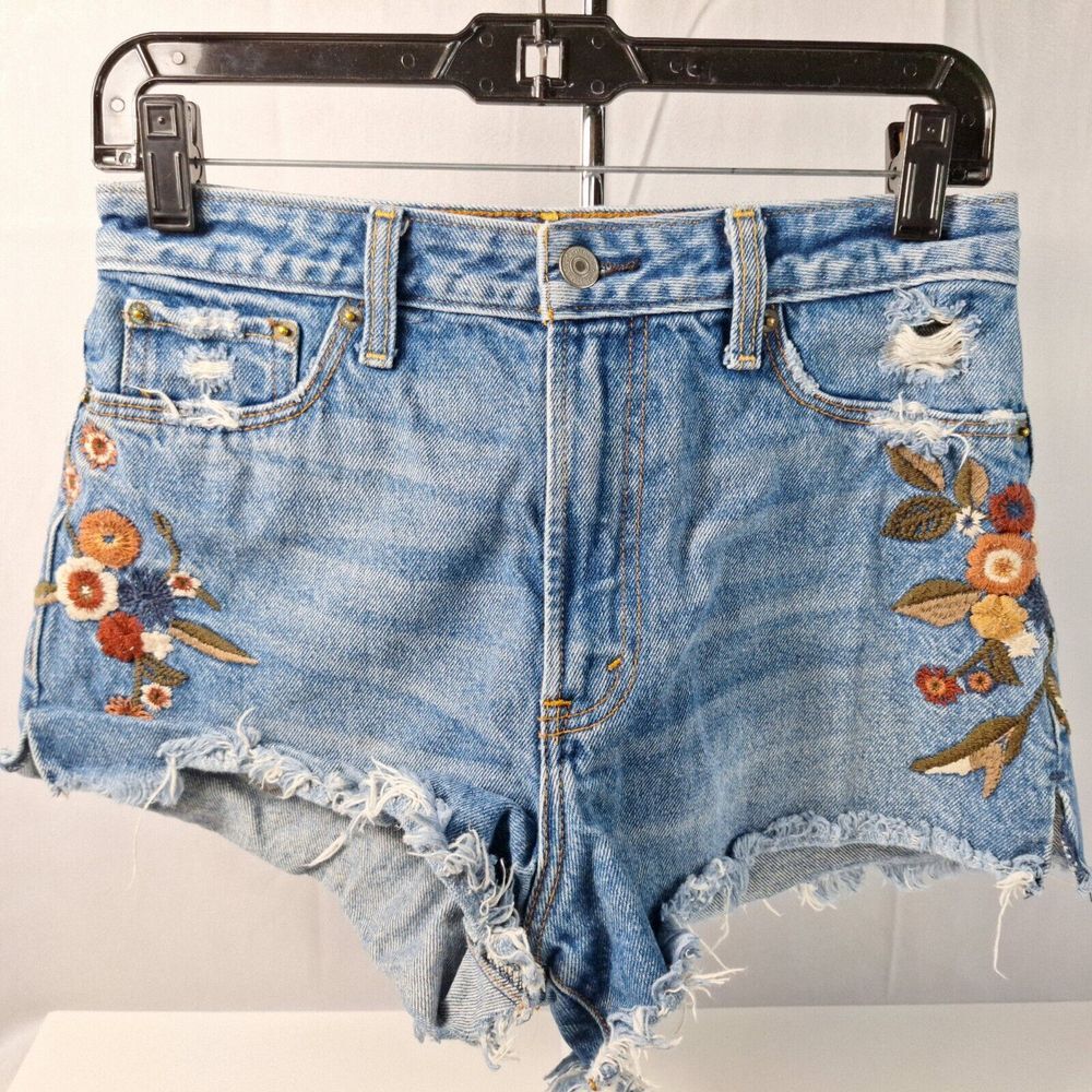 Abercrombie & Fitch Floral Embroidered Jean Shorts Womens Sz 26 Medium Blue Mid